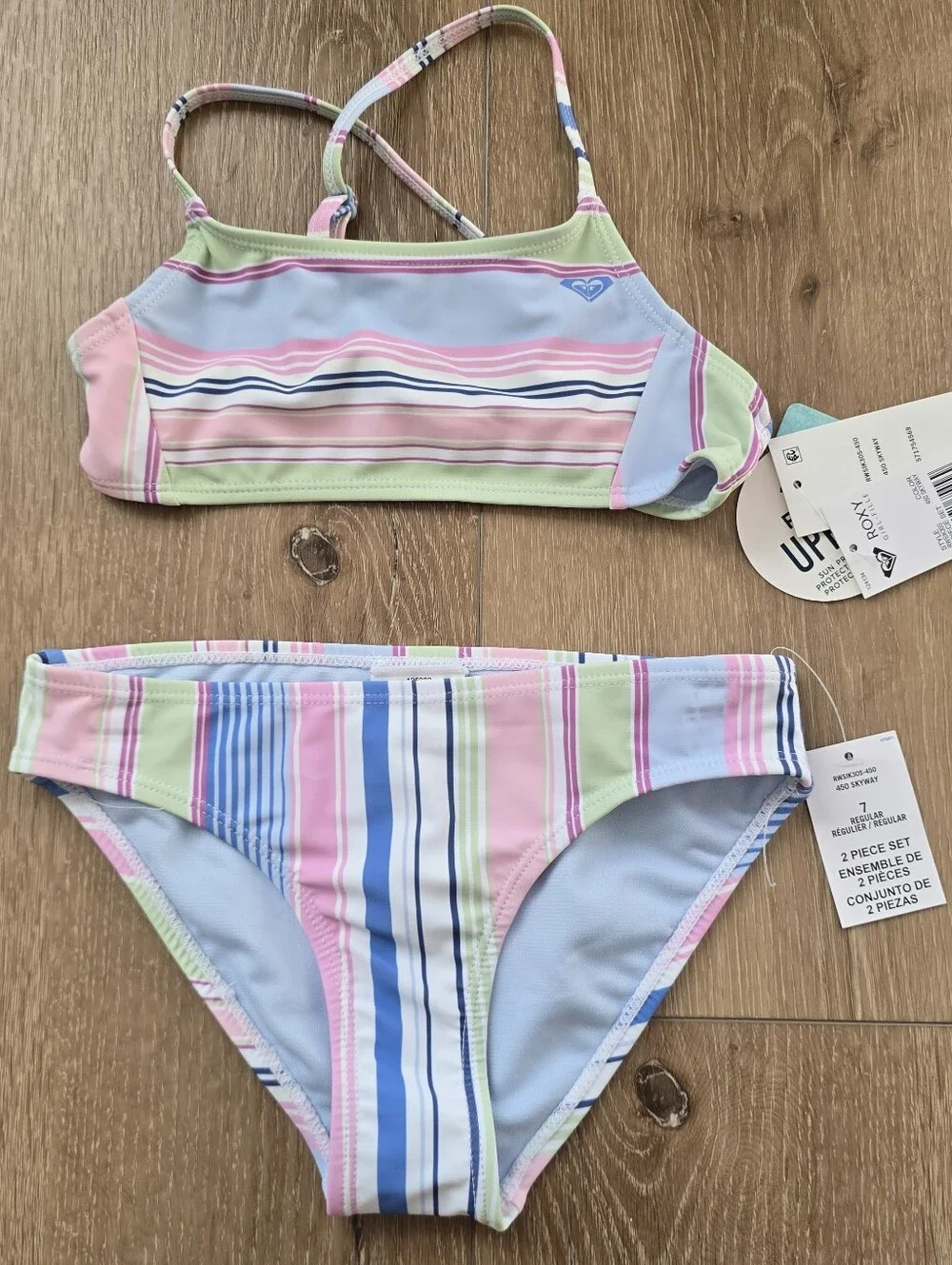 Roxy Girls 2 Piece Swimsuit Set Pastel Striped Bikini Size 7 Bikini